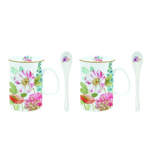 Easy Life Cottage Flower Porcelánové hrnky se lžičkami 2 x 300 ml