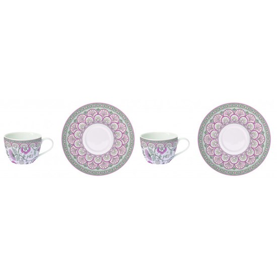 Easy Life Sada porcelánových šálků s podšálky Kalamkari růžová  2 x 110 ml