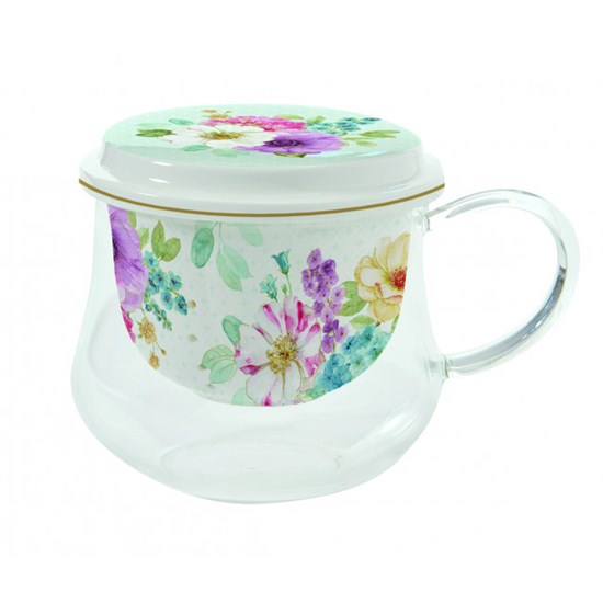 Easy Life Skleněný hrnek s porcelánovým sítkem Cottage Flower 275 ml