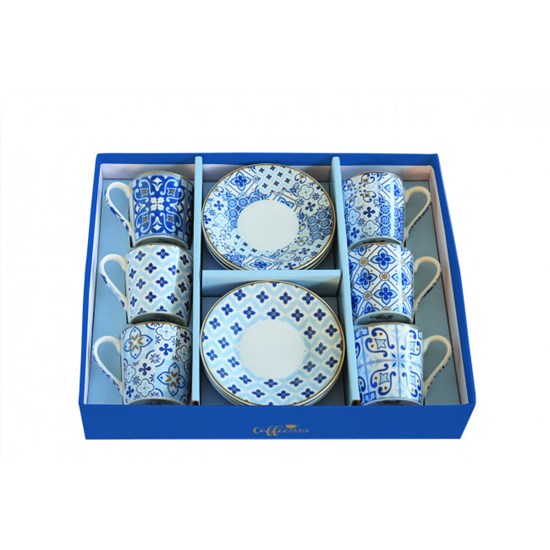 Easy Life Coffee Mania Porcelánové šálky a podšálky na kávu Tiles Blue 6 x 100 ml