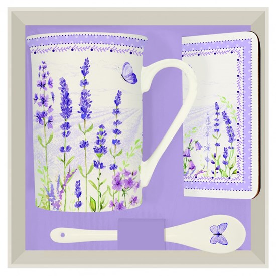Easy Life Lavender Field Porcelánový hrnek se lžičkou a podložkou 300 ml