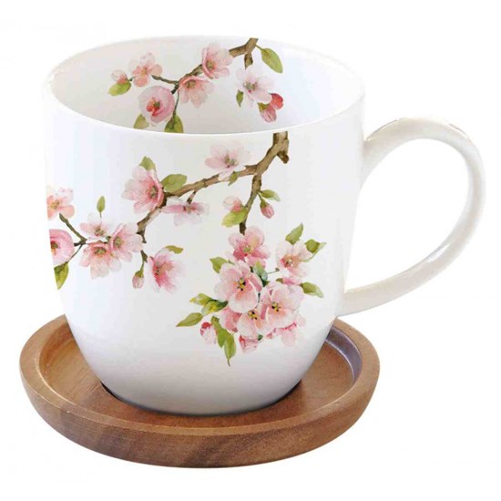 Easy Life Sakura Porcelánový hrnek s bambusovým táckem 350 ml