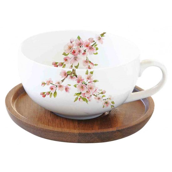 Easy Life Sakura Porcelánový šálek s babusovým táckem 250 ml