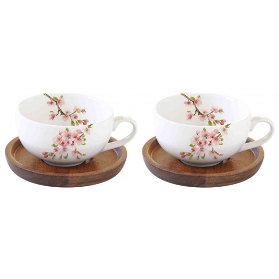 Easy Life Sakura Sada porcelánových šálků s bambusovými tácky 2 x 120 ml