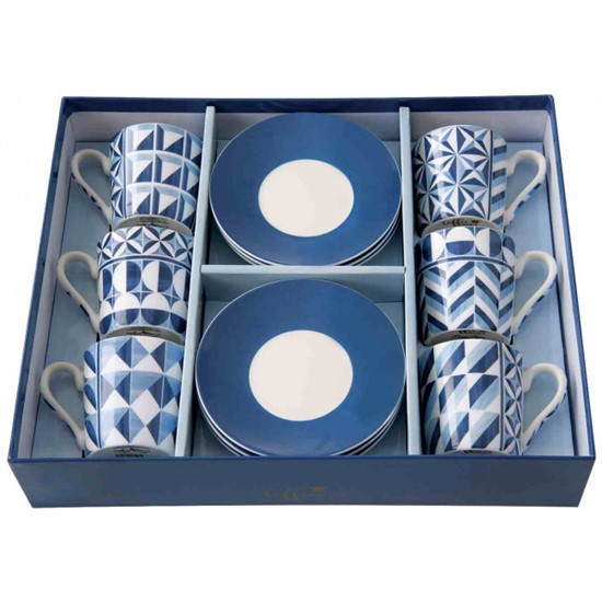 Easy Life Geometric Blue Porcelánové šálky s podšálky na kávu 6 x 100 ml