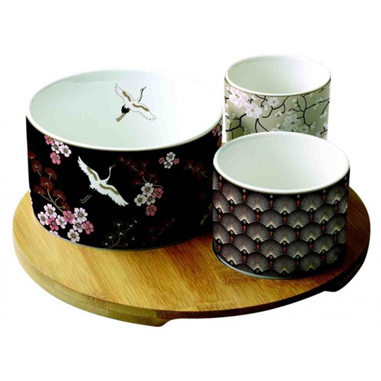 Easy Life Oriental Porcelánové misky na bambusovém tácku 3 ks